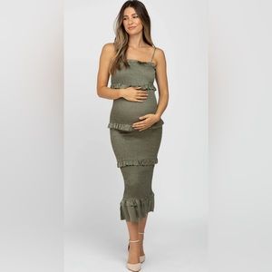Pinkblush Olive Satin Smocked Fitted Maternity Midi Dress